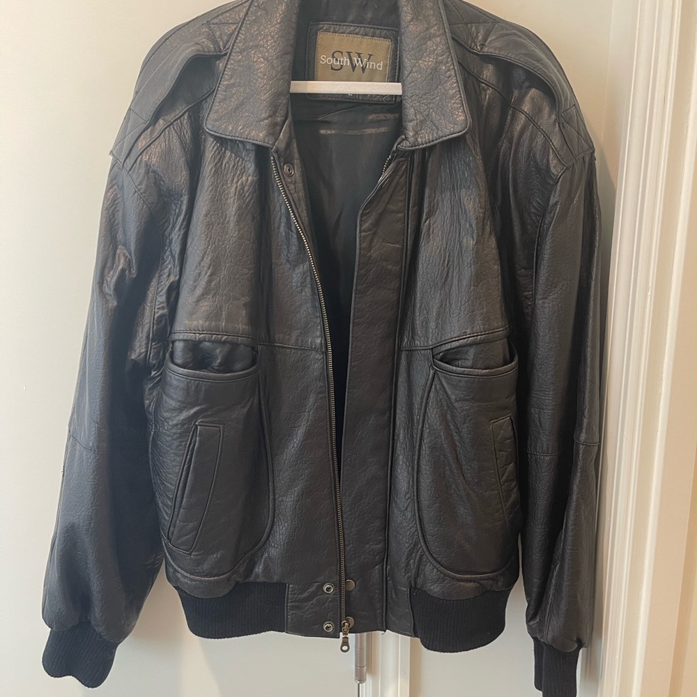 Black Leather Bomber Jacket with Cropped Fit